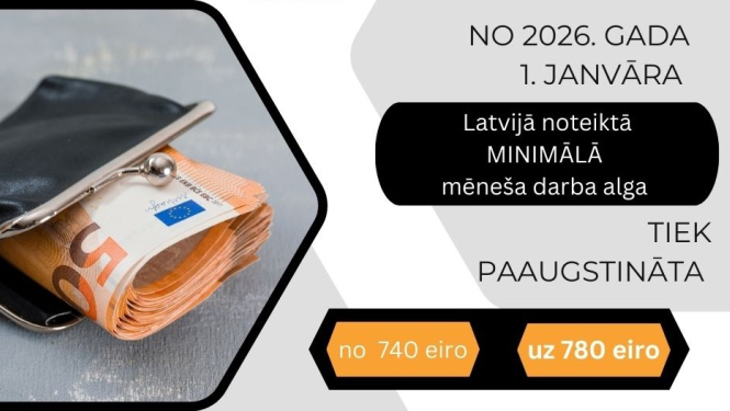 o 2026. gada 1. janvāra valstī noteiktā minimālā mēneša darba alga normāla darba laika ietvaros 780 eiro.