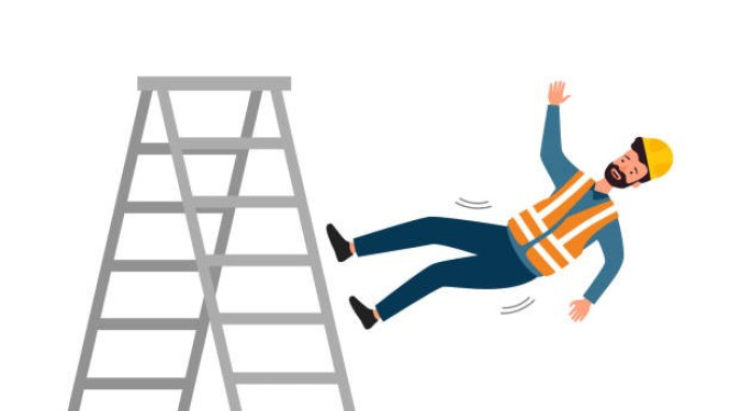 Karikatūrā attēlots strādnieks krītot no trepēm.