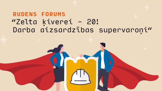 Zelta ķiveres logo Rudens Formumam "Zelta  ķiverei - 20! Darba aizsardzības supervaroņi". Logo attēlots divi supervaroņu turot vairogu ar zelta ķiveres simbolu.