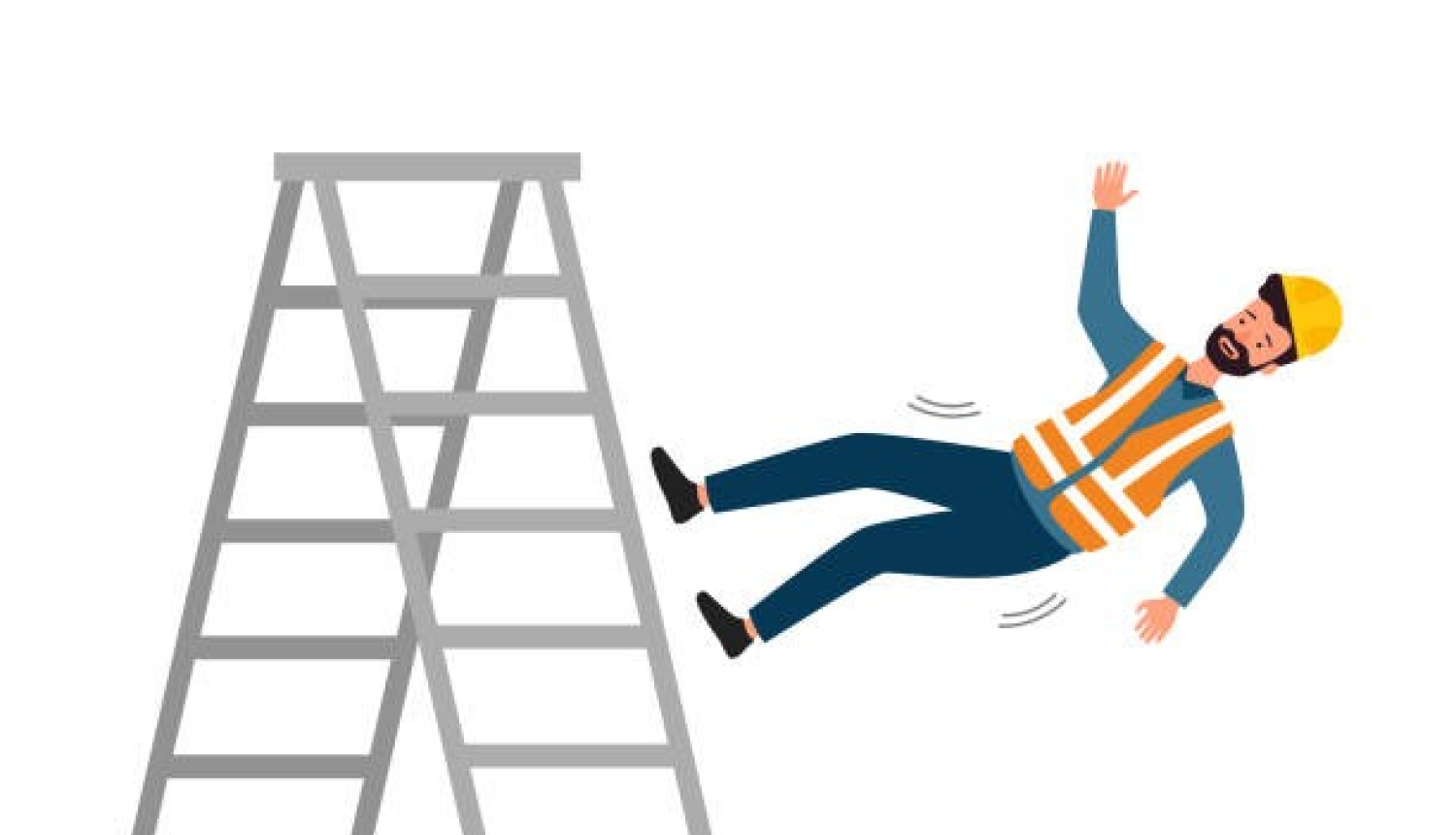 Karikatūrā attēlots strādnieks krītot no trepēm.