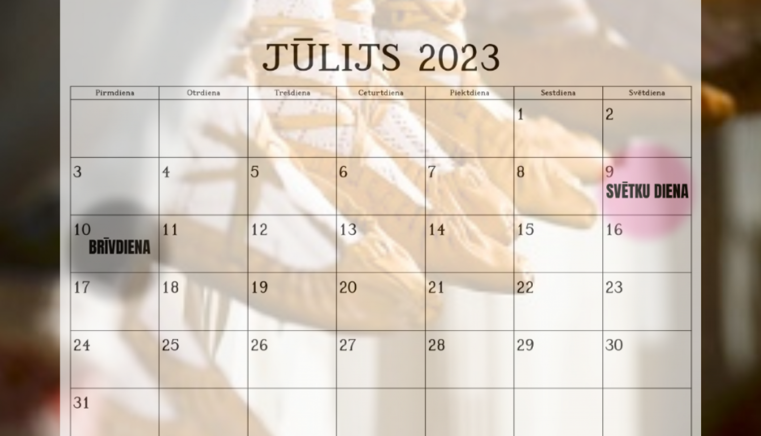 Jūlija kalendāra bilde, kurā atzīmēta Dziesmu svētku papildus brīvdiena 11.jūlijā.
