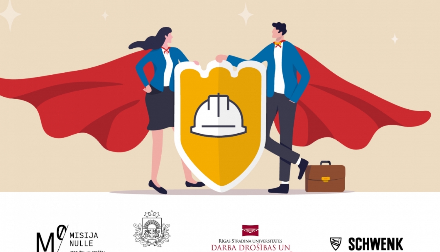 Zelta ķiveres logo Rudens Formumam "Zelta  ķiverei - 20! Darba aizsardzības supervaroņi". Logo attēlots divi supervaroņu turot vairogu ar zelta ķiveres simbolu.